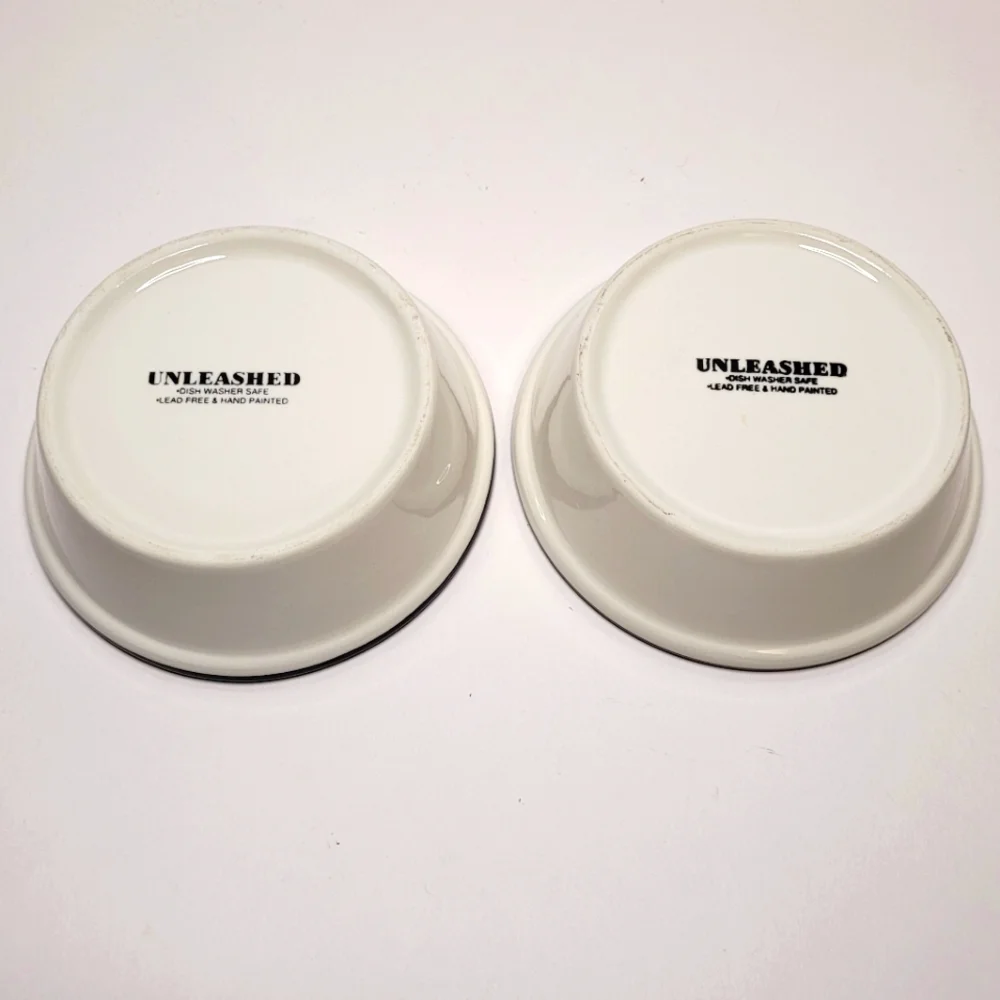 EAT and DRINK Set of 2 Ceramic Pet Food Bowls Handpainted Diner Decor Vibes RARE